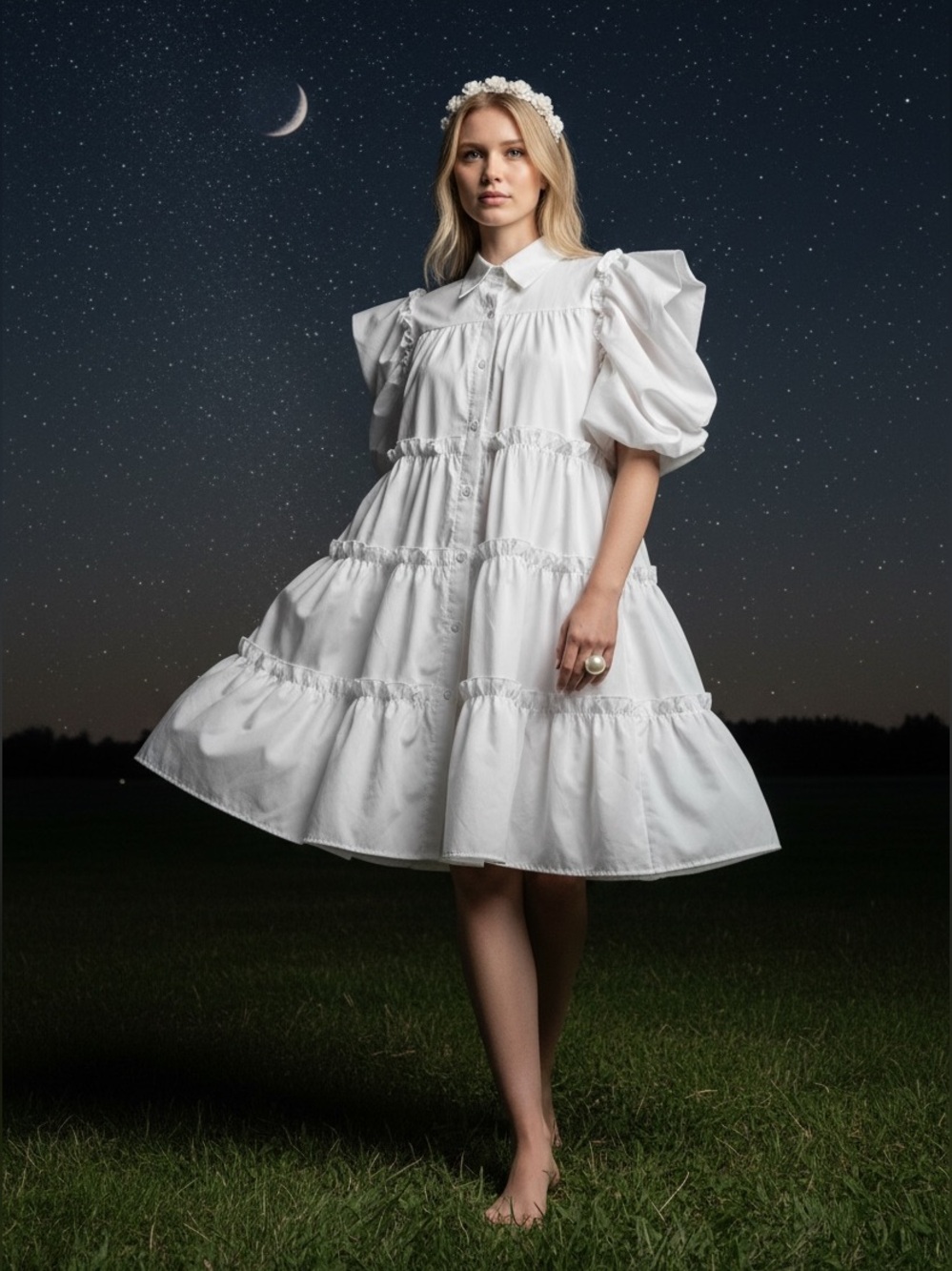 Babydoll Summer Dress - Puff Sleeve - White - GirlhoodCore - Coquette - Size L
